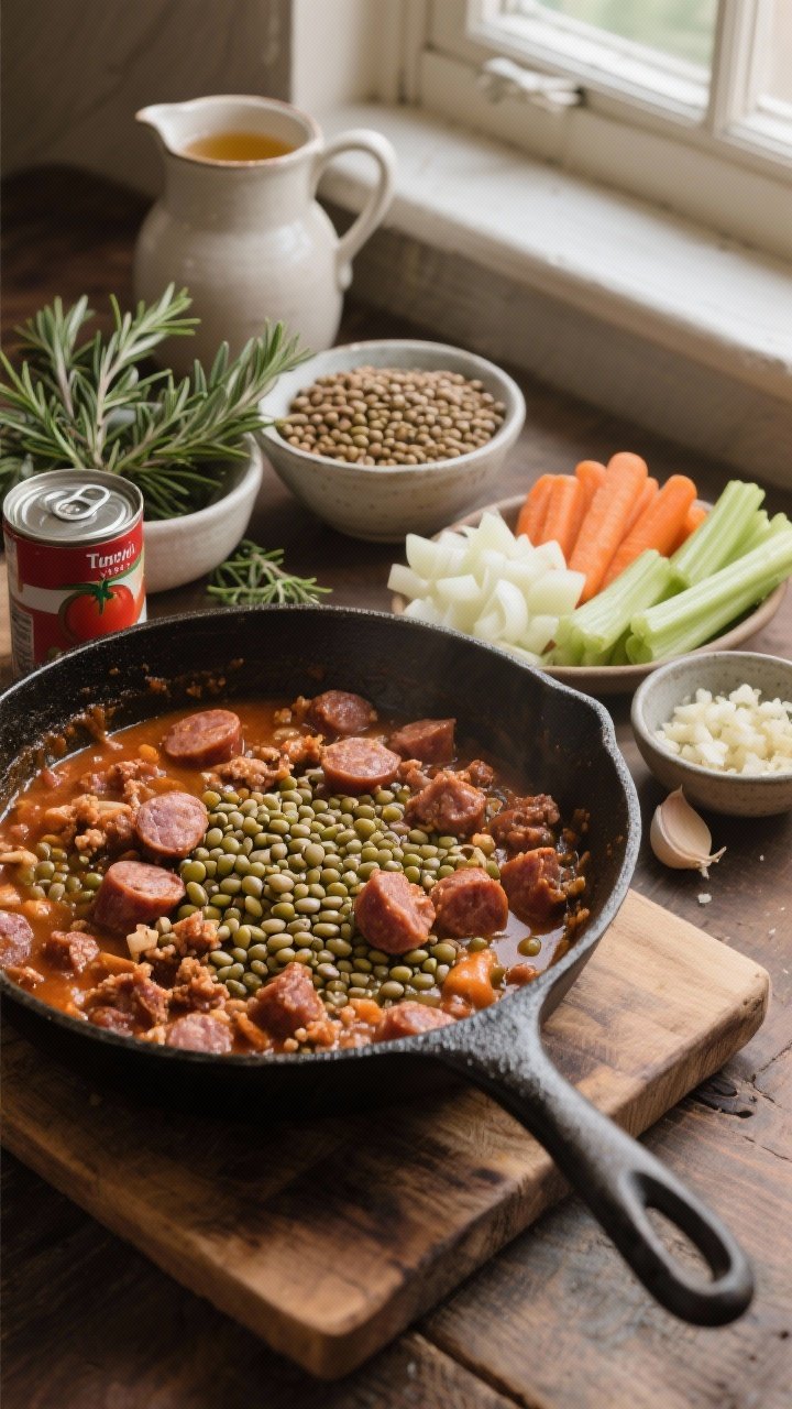 Rustic ingredient-and-prep shot at 45 degrees for Tuscan lentil and turkey sausage stew: browned crumbles of Italian turkey sausage in a skillet, bowls of rinsed brown/green lentils, diced onion, carrots, celery, minced garlic, and a can of tomatoes waiting nearby; sprigs of rosemary/thyme and a jug of broth set on a wooden board; natural window light, emphasizing earthy colors and textures before slow cooking.