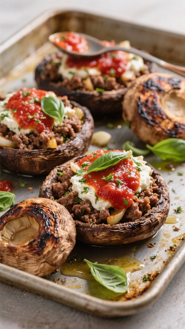 Rustic straight-on plating: Italian stuffed portobellos on a sheet pan—large portobello caps brushed with olive oil, filled with herbed ricotta, savory ground beef cooked with onion and garlic, spooned with low-sugar marinara, and sprinkled with Italian seasoning; edges blistered, filling bubbling, basil leaves scattered; warm, tomato-red tones with charred mushroom textures.