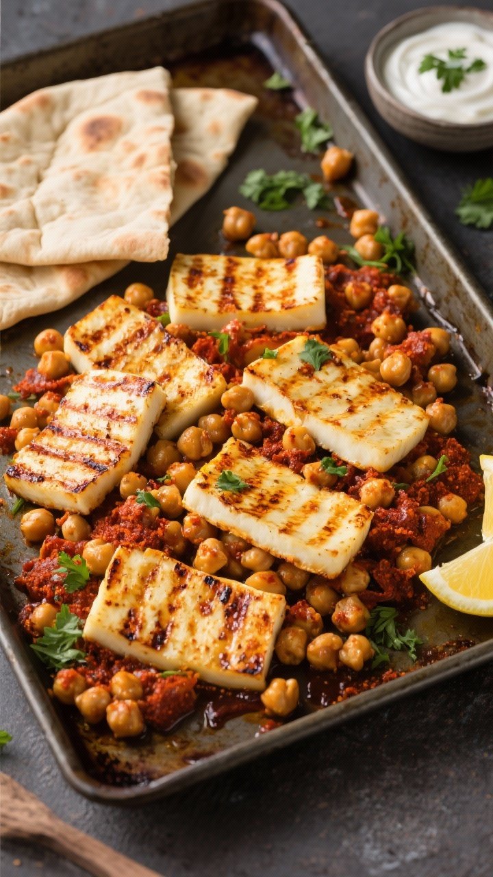 Sheet pan overhead of Harissa Chickpea and Halloumi for Pitas: golden seared halloumi slices and harissa-coated chickpeas with a hint of smoked paprika, edges charred and glistening. Warm pita pockets nearby, a small bowl of yogurt sauce and lemon wedges, specks of parsley for color. High-contrast lighting, caramelization emphasized, inviting Middle Eastern heat.