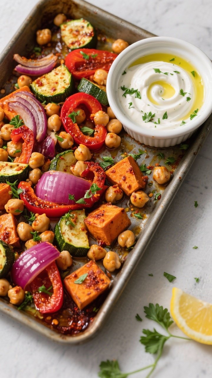 Sheet-pan overhead of harissa chickpea roast with herby yogurt: chickpeas tossed with harissa paste and olive oil, mingled with sliced red onion, red bell pepper, zucchini rounds, and small diced sweet potato, all caramelized at the edges; a ramekin of creamy herby yogurt (yogurt with chopped herbs and lemon) swirled beside the pan, scattered parsley, vibrant, spicy Middle Eastern energy.