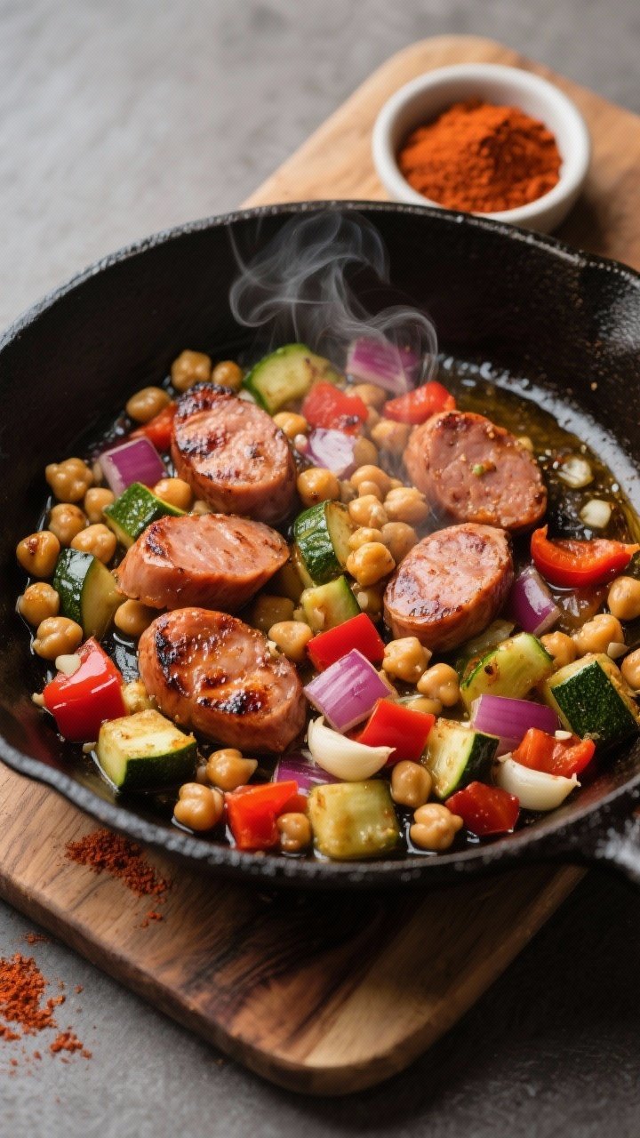 Skillet process shot from overhead: smoky chicken sausage slices searing with chickpeas, diced zucchini, diced red bell pepper, and diced red onion; minced garlic visible in the oil, paprika-tinged gloss on the chickpeas; steam and charred edges convey heat; cast-iron skillet centered on a wooden board with a small dish of smoked paprika nearby.