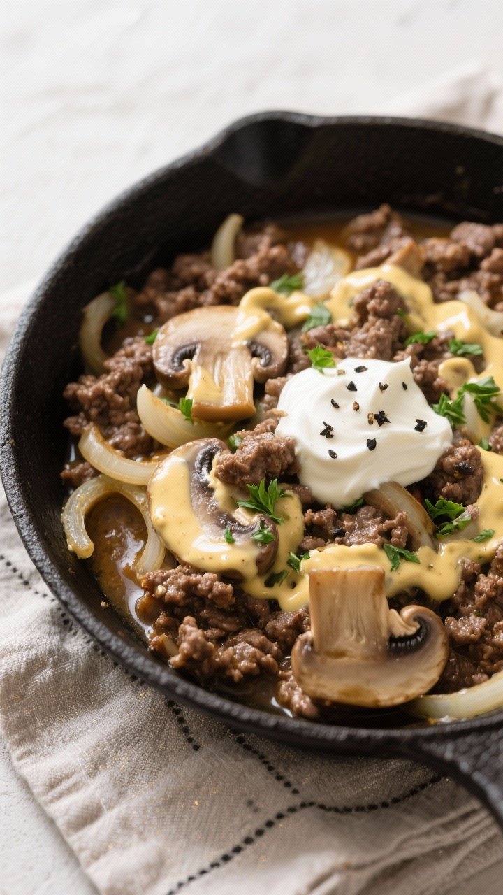 Soft, creamy skillet scene, overhead: Dijon beef and mushroom skillet—ground beef with butter-sautéed cremini mushrooms, thinly sliced onion, garlic, deglazed with beef broth, Dijon mustard swirled in, finished with velvety sour cream; cracked black pepper and chopped parsley sprinkled, silky sauce clinging to mushrooms and beef in a black skillet on a linen napkin.