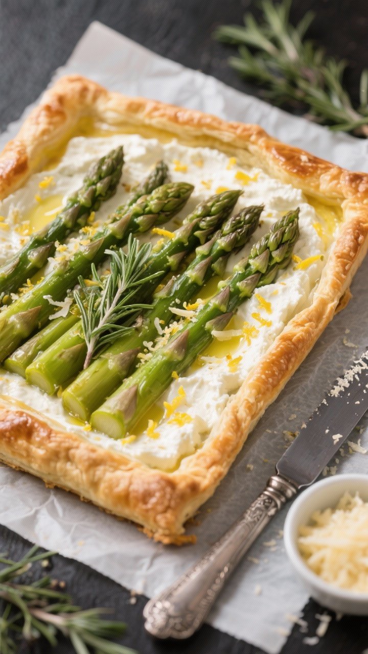 Straight-on bakery-style shot: Asparagus and ricotta tart on flaky puff pastry, edges deeply golden and puffed, ricotta-Parmesan filling speckled with lemon zest and fresh thyme, tidy rows of trimmed asparagus laid on top, brushed with a little olive oil; the tart resting on parchment with a serrated knife and a small bowl of grated Parmesan at the side.