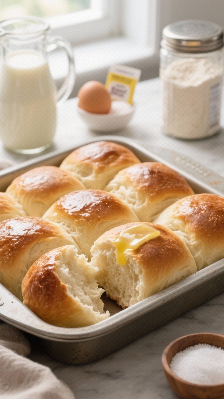 Straight-on bakery-style shot of soft sourdough discard dinner rolls nestled in a metal baking pan, glossy tops brushed with butter; torn roll in foreground revealing pillowy interior; include ingredient elements: a jug of warm milk, an egg, instant yeast packet, sugar and salt pinch bowls, and a canister of bread flour; gentle window light for soft highlights.