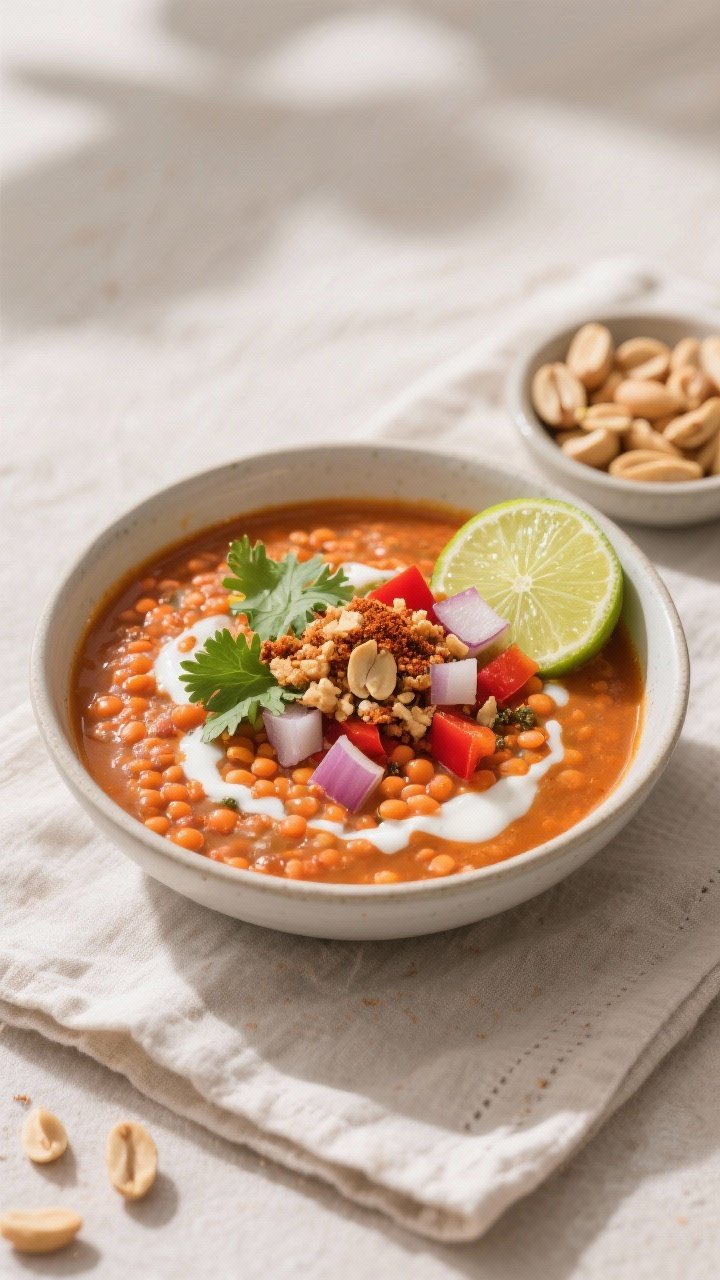 Straight-on bowl shot of Creamy Coconut Red Lentil Chili: velvety orange-red base from red lentils and coconut milk, dotted with diced onion, red bell pepper, minced garlic, and grated fresh ginger, seasoned with chili powder and cumin; topped with a crunchy peanut crumble, cilantro, and a drizzle of coconut cream; presented on a light linen with a halved lime and a small dish of roasted peanuts; bright, tropical warmth.
