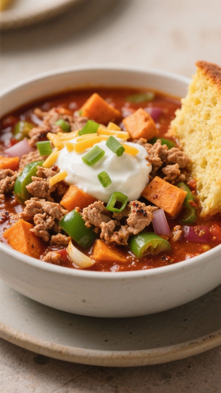 Straight-on bowl shot of smoky turkey sweet potato chili: crumbled lean ground turkey, diced sweet potatoes, green bell pepper, onion, and garlic in a thick crushed tomato base; visible smoky spices, topped with a dollop of Greek yogurt, sliced scallions, and a sprinkle of cheddar; cornbread wedge on the side; warm, cozy tones with gentle backlight emphasizing hearty texture.