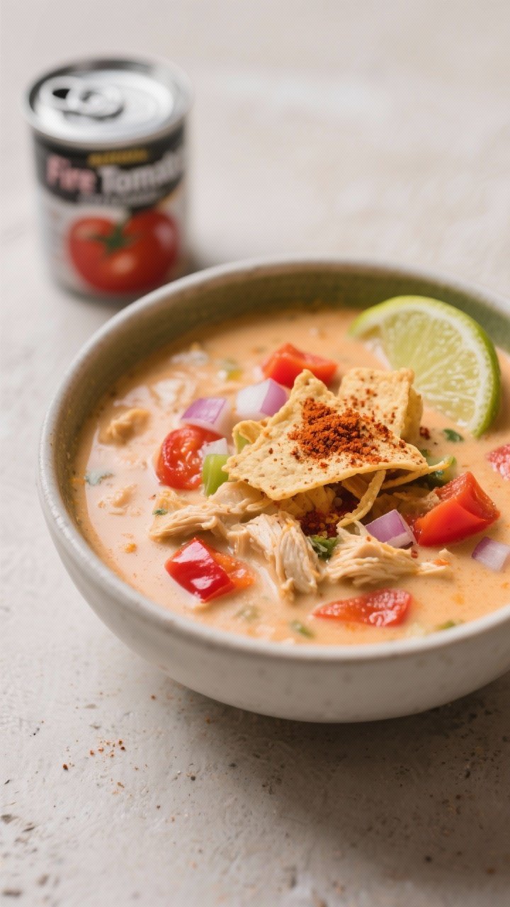 Straight-on bowl shot of Southwestern Creamy Chicken Tortilla Soup: creamy base tinted with chili powder, cumin, and smoked paprika, diced onion and red bell pepper visible, fire-roasted tomato pieces peeking through; topped with crisp tortilla strips, a sprinkle of paprika, and a lime wedge on the rim, with a small can of fire-roasted tomatoes blurred behind.