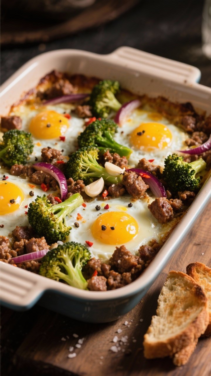 Straight-on breakfast-for-dinner Veggie “Sausage” and Broccolini Bake: plant-based Italian sausage crumbles baked with broccolini pieces, thin red onion, and garlic, nestled around softly set baked eggs with runny yolks; flecks of chili, cracked black pepper, and sea salt visible; presented in an enamel baking dish with toast points on the side, cozy evening light.