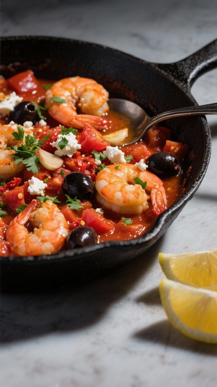 Straight-on capture of Greek-style shrimp skillet: plump shrimp nestled in a bubbling tomato base of fire-roasted diced tomatoes and olive oil, garlic and crushed red pepper visible, studded with Kalamata olives and crumbles of feta, finished with chopped parsley, served in a black cast-iron pan with a spoon ready to serve, moody Mediterranean lighting and a few lemon wedges nearby.