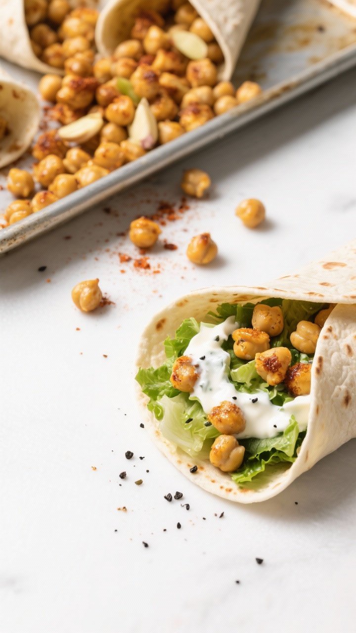 Straight-on close-up of crispy chickpeas for Caesar wraps spilling from a sheet pan: chickpeas roasted in olive oil with garlic powder, smoked paprika, salt, and black pepper, visibly crunchy and golden; in the foreground, a tortilla being filled with chopped romaine, a drizzle of creamy homemade yogurt Caesar dressing, and a shower of black pepper; bright, fresh lunch vibe with clean white background.