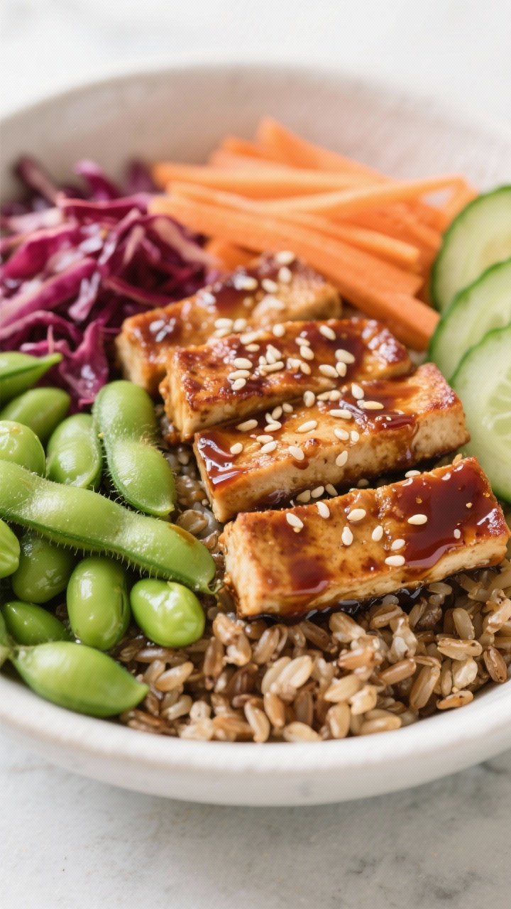 Straight-on close-up of maple-miso glazed tempeh and edamame power bowl: neatly arranged cooked brown rice or quinoa base topped with caramelized maple-miso glazed tempeh strips, bright green shelled edamame, shredded red cabbage, julienned carrot, and thin cucumber slices; sesame seeds sprinkled on top, light drizzle of extra glaze, crisp and clean wellness aesthetic with soft natural light.