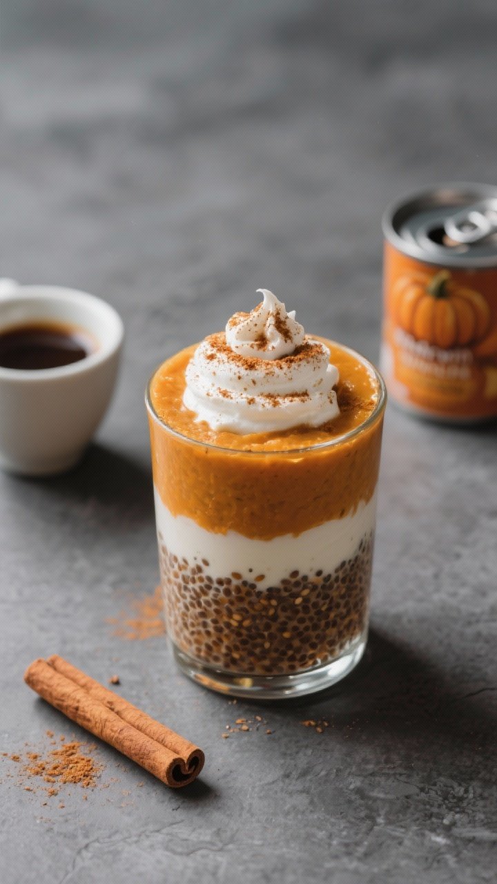 Straight-on cozy fall scene of pumpkin spice latte chia pudding layered in a glass: pumpkin puree blended with almond milk, cooled strong coffee, and warm spices, forming a rich orange-brown chia base; topped with a dollop of coconut whip, a dusting of pumpkin pie spice, and a tiny coffee drizzle; props include a small espresso cup, a cinnamon stick, and a can of pumpkin on a matte slate surface.