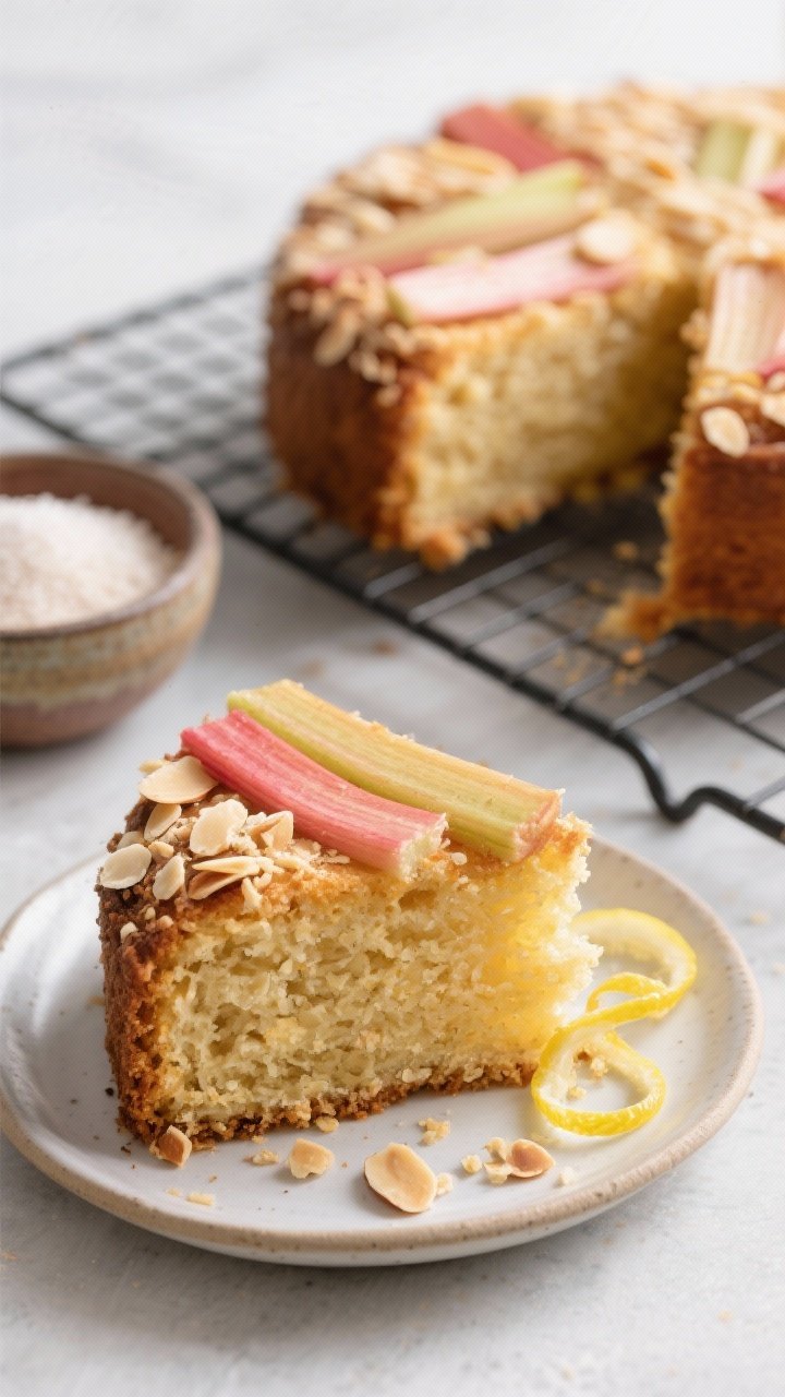 Straight-on dessert slice shot: Rhubarb-lemon olive oil cake with almond crunch—golden, moist crumb scented with lemon, ribbons of blush rhubarb baked on top, a crackly almond topping; a slice on a small plate with crumbs and a curl of lemon zest, the remaining cake on a wire rack behind, a small bowl of granulated sugar and almond flour in frame.