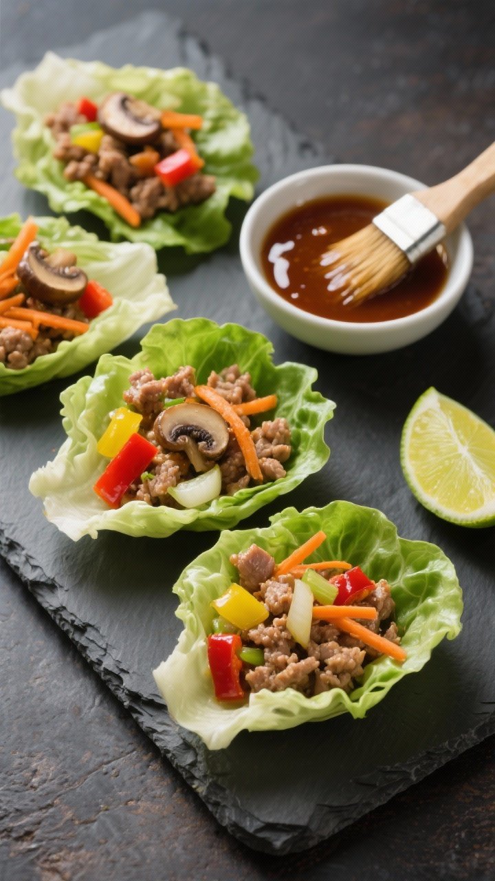 Straight-on lettuce wrap assembly shot: crisp butter lettuce cups filled with lean ground turkey sautéed with finely chopped mushrooms, yellow onion, diced red bell pepper, and shredded carrots; glossy hoisin-lime sauce in a small bowl with a brush; neatly arranged wraps on a slate board, lime wedges on the side; sharp detail, appetizing glaze.