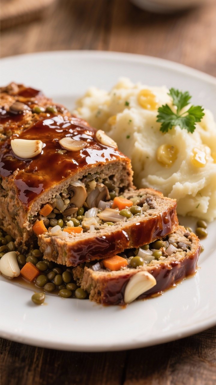 Straight-on plated comfort scene: maple-miso glazed lentil loaf sliced to show a moist interior with finely chopped mushrooms, onion, carrot, and garlic; lacquered, glossy glaze on top; served alongside roasted garlic mashed potatoes with visible garlic specks and butter sheen; sprig of parsley for color; warm, homestyle lighting.