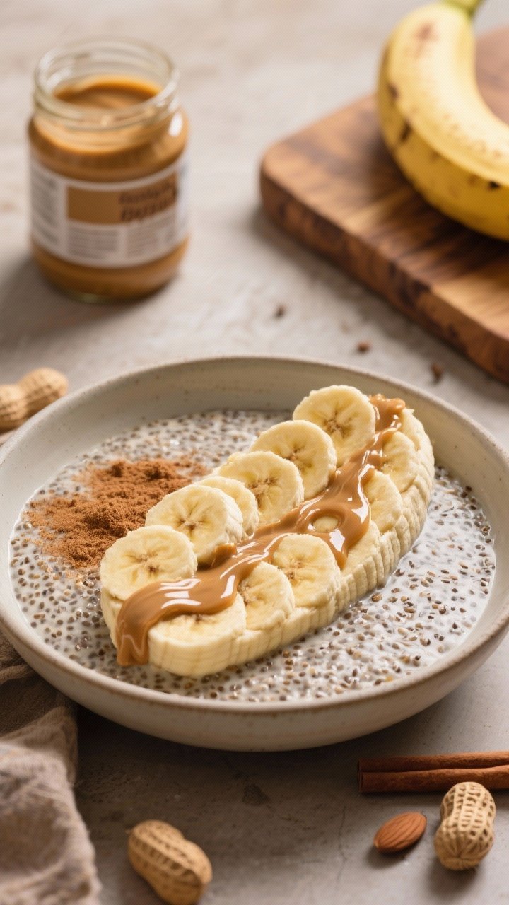 Straight-on plated presentation of peanut butter banana split chia pudding in a shallow bowl: almond milk chia base folded with mashed ripe banana, a glossy ribbon of creamy peanut butter on top, banana coins arranged like a split, optional maple syrup drizzle, and a dusting of cinnamon; background shows a jar of peanut butter, a ripe banana on a wooden board, warm nostalgic tones.