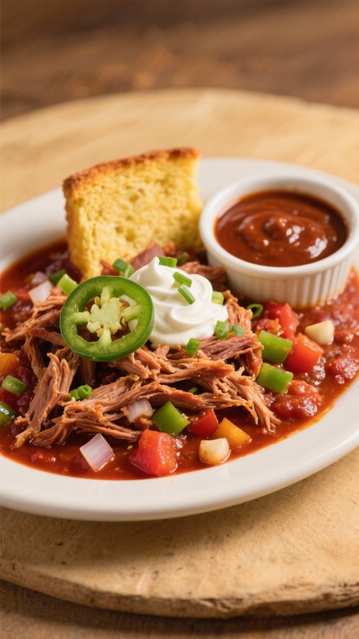 Straight-on plated presentation of Sweet Heat BBQ Pulled Pork Chili: tender strands of unsauced pulled pork folded into a deep red crushed-tomato chili with diced onion, green bell pepper, and garlic, kissed with a barbecue glaze; finished with sliced jalapeños, a swirl of sour cream, and chopped scallions; cornbread wedge and a ramekin of BBQ sauce alongside; balanced sweet-spicy mood with warm, golden lighting.