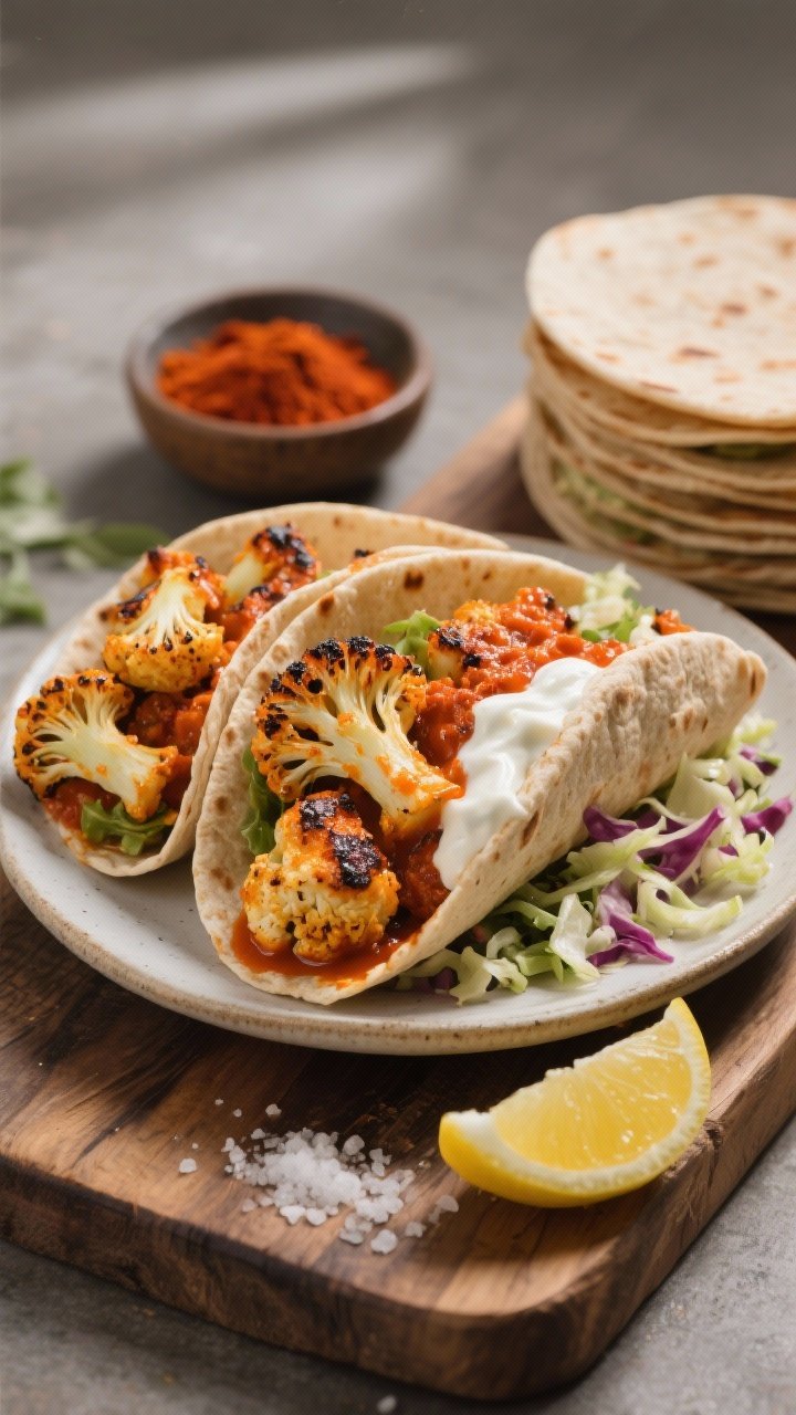 Straight-on plated scene of roasted cauliflower tikka wraps: charred spice-coated cauliflower florets (tikka masala paste) tucked into whole-wheat wraps with crunchy slaw, drizzle of yogurt sauce; warm orange-red tones from spices, a small dish of garam masala and paprika nearby; stack of wraps on a rustic board, lemon wedge and pinch of kosher salt; soft directional light for warmth.
