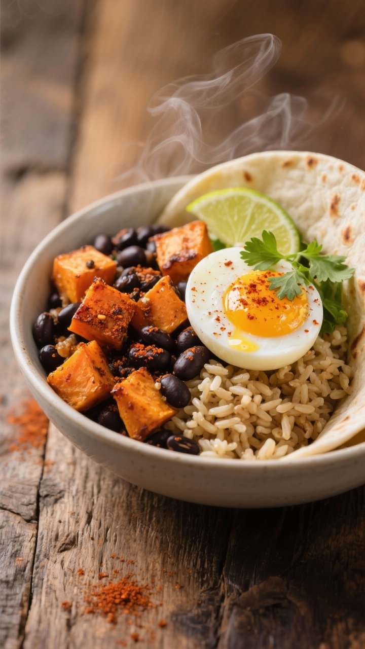 Straight-on plated shot of Black Bean, Sweet Potato, and Egg Burrito Bowls: roasted sweet potato cubes dusted with chili powder and cumin, a mound of cooked brown rice (or cauliflower rice), black beans, and a jammy soft-boiled egg halved on top. Garnished with lime wedge, cilantro, and a sprinkle of smoked paprika. Warm, inviting tones, slight steam, bowl set on a rustic wood table for cozy Tex-Mex feel.