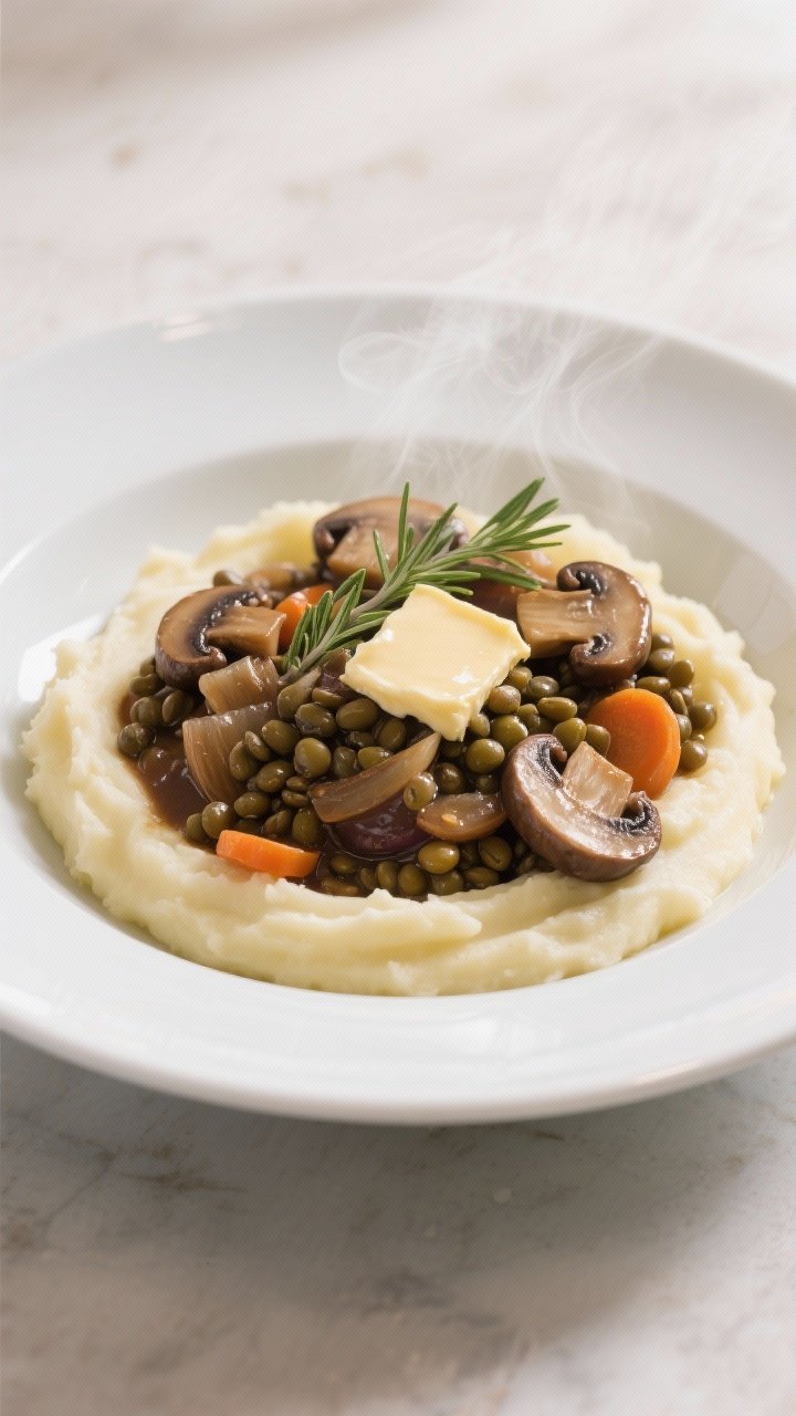 Straight-on plated shot of French lentil and mushroom bourguignon: glossy Puy lentils and quartered cremini mushrooms in a deep wine-brown sauce with onions and carrot rounds, a pat of butter sheen, garnished with fresh thyme; served over creamy mashed potatoes in a wide white bowl; gentle steam rising, rustic French bistro mood.