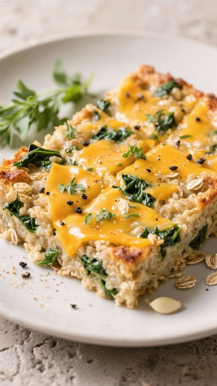 Straight-on plated shot of savory cheddar, herb, and spinach baked oatmeal cut into squares, melted cheddar visibly threading through, flecks of green spinach and herbs throughout; sprinkled with black pepper and garlic powder; served warm with a side of fresh herbs; neutral stone backdrop for a hearty, savory breakfast vibe.