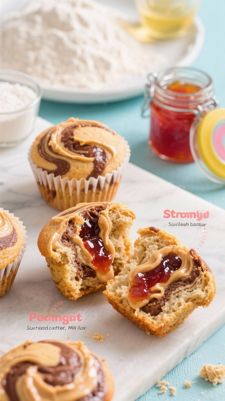 Straight-on playful composition of peanut butter and jelly swirl muffins torn open to reveal marbled PB&J interior, glossy jelly ribbons and creamy peanut butter swirls on top; ingredients callouts in frame: granulated sugar, flour, sourdough discard, milk, oil; bright family-friendly mood, colorful jam jar, even natural light.