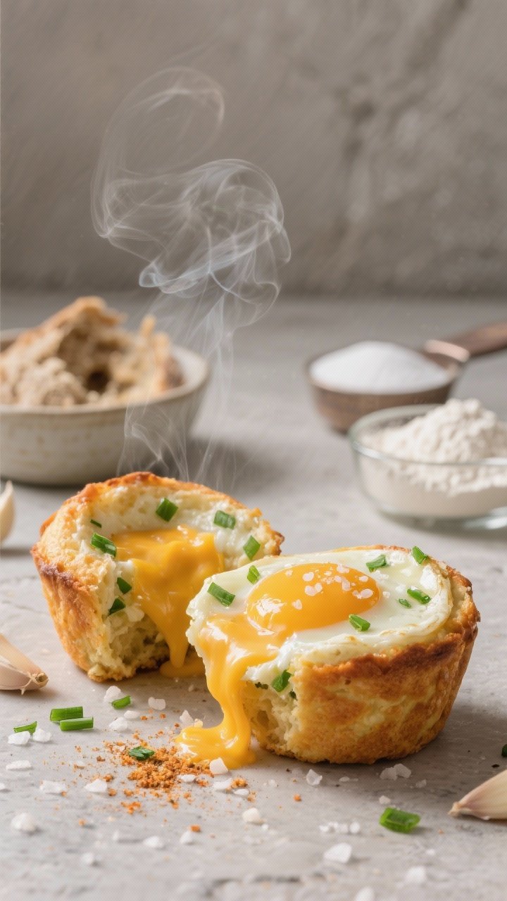 Straight-on savory scene of cheddar chive egg breakfast muffins split open to reveal melty cheddar pockets and green flecks of chive, steam rising, sprinkled lightly with garlic powder and flaky salt; background includes a small bowl of sourdough discard and measured flour, sugar, baking powder, baking soda; neutral stone backdrop, clean styling, emphasis on savory satisfaction.