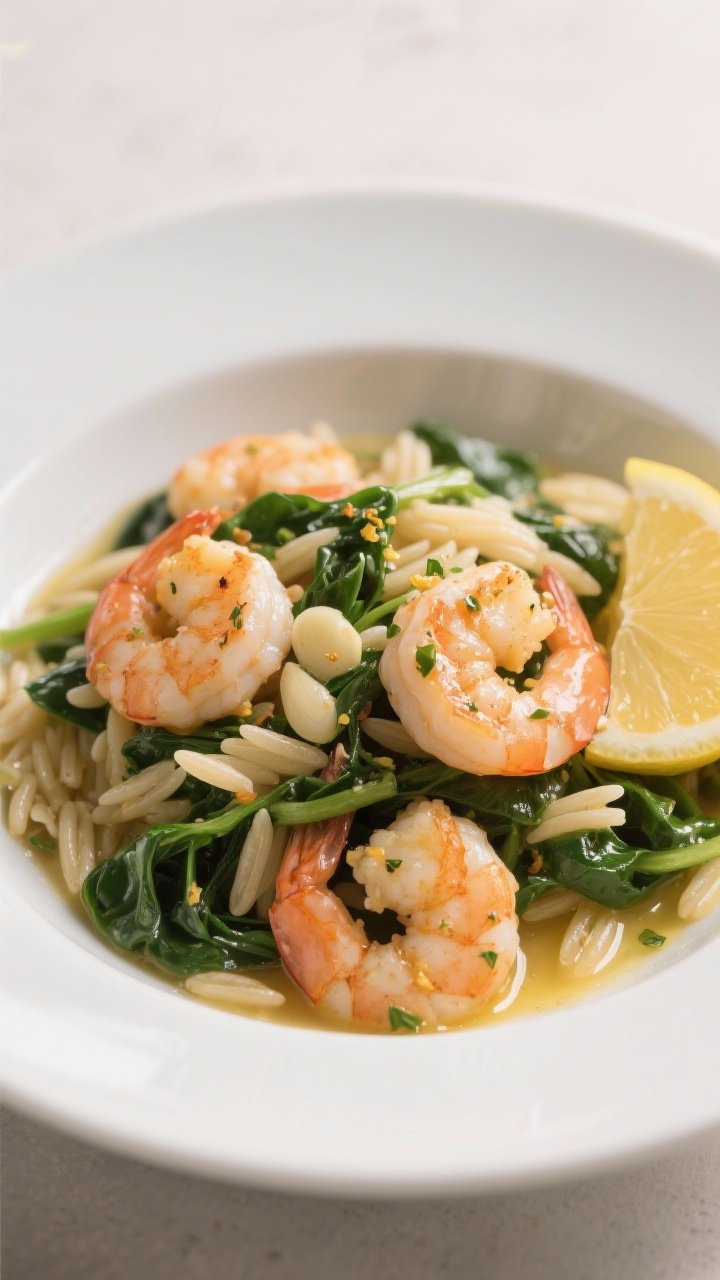 Straight-on shallow bowl: garlic-herb shrimp with orzo and spinach, plump shrimp sautéed in olive oil, butter, minced garlic, and Italian seasoning, tossed with tender orzo and wilted baby spinach; a squeeze of lemon off-frame implied by lemon zest flecks; glistening buttered sauce pooling lightly at the bottom; clean white bowl against a soft neutral backdrop.