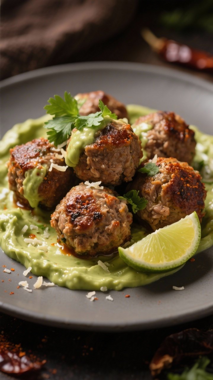 Straight-on shot of Chipotle Turkey Meatballs with Creamy Avocado Sauce: juicy turkey meatballs made with lean ground turkey, egg, grated Parmesan, finely chopped onion, minced garlic, minced chipotle in adobo plus sauce, and smoked paprika, baked until browned; served on a matte plate with a swoosh of creamy avocado sauce, lime wedge, and cilantro, warm moody lighting to emphasize smoky heat.