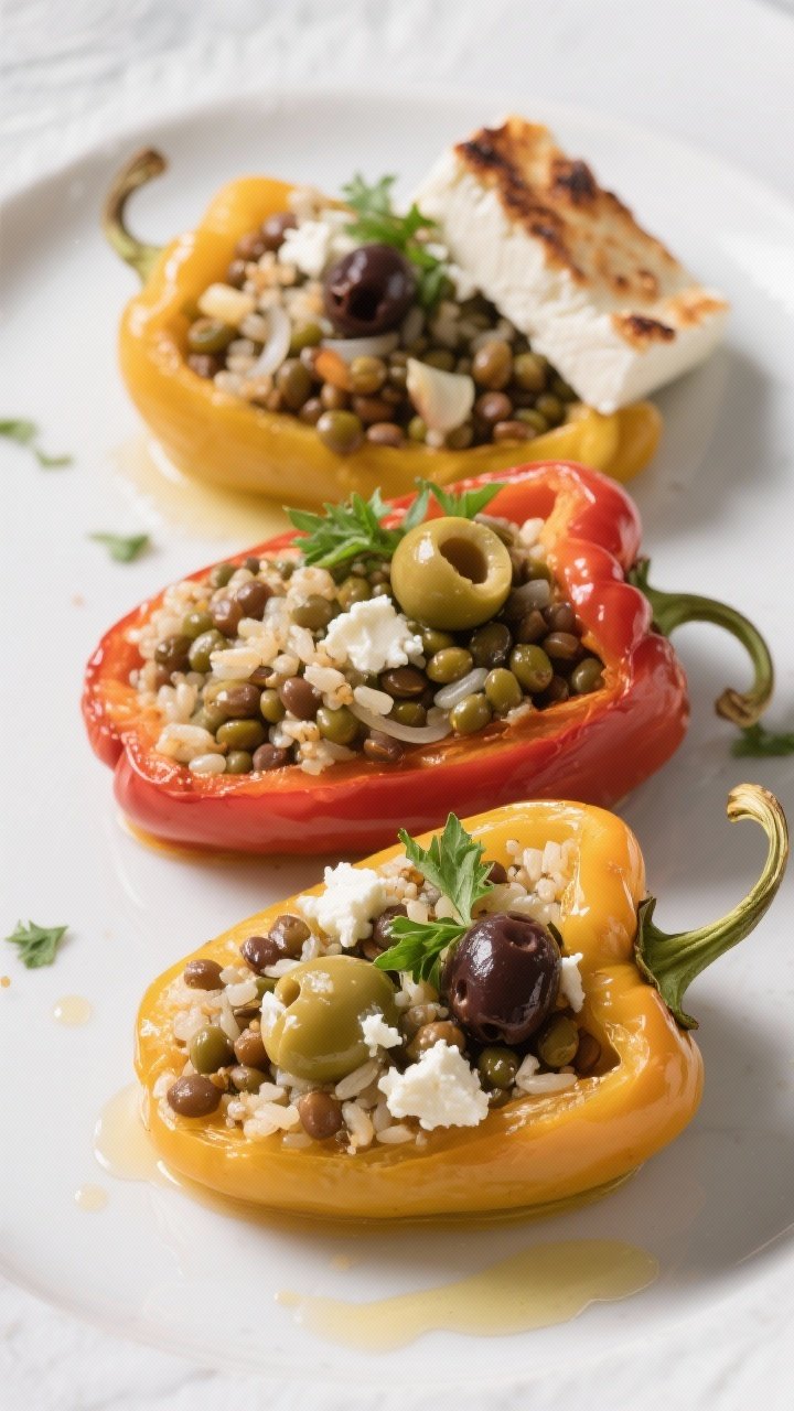 Straight-on shot of Mediterranean lentil-stuffed peppers: four upright bell peppers filled with a savory mix of cooked brown/green lentils, rice/quinoa, onion, garlic, crumbled feta and chopped olives; tops leaning to the side, feta slightly browned; garnished with parsley and a light olive oil sheen; clean, colorful Mediterranean styling.