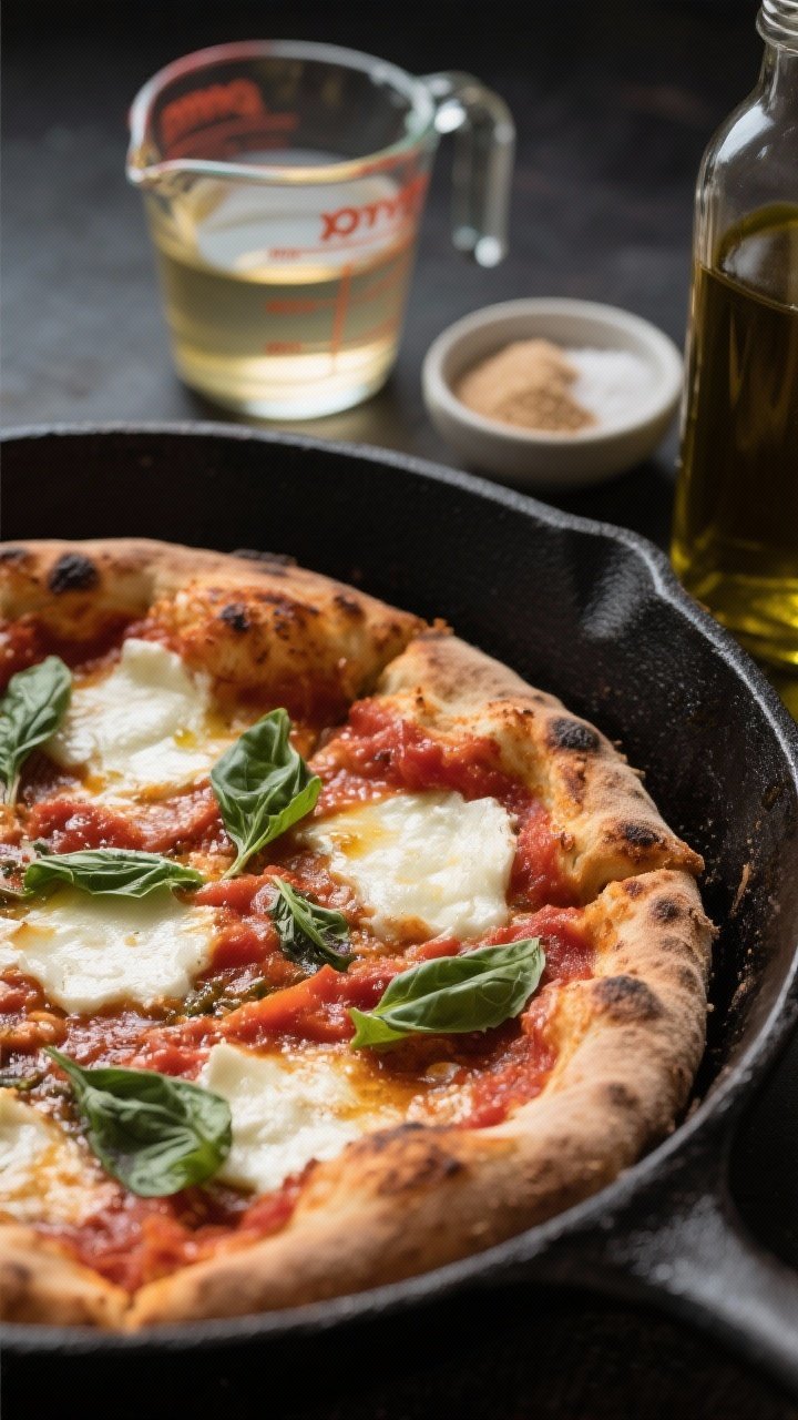 Straight-on skillet scene of no-knead sourdough discard pizza in a black cast-iron pan, blistered crust with olive oil sheen, simple tomato sauce and melted mozzarella with torn basil; include a glass measuring cup with warm water, a small bowl of instant yeast and sugar, and a bottle of olive oil off to the side; moody lighting emphasizing rustic texture and airy rim.
