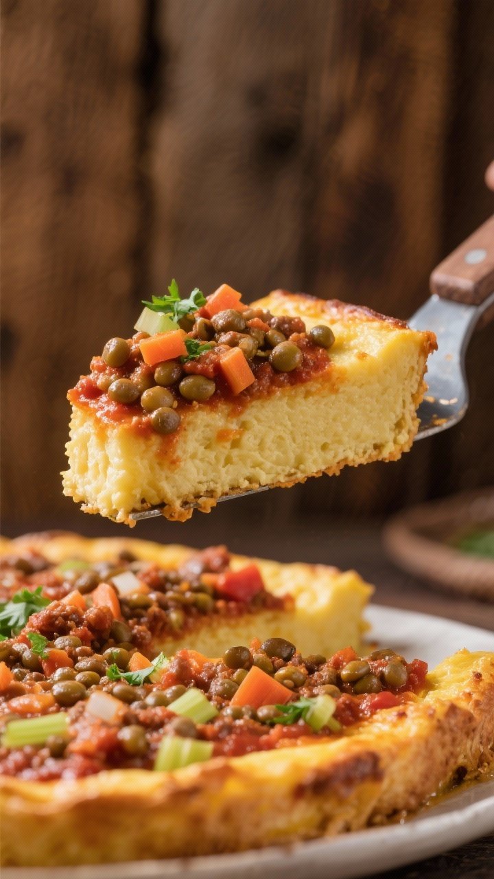 Straight-on slice shot of Lentil Bolognese Polenta Bake: thick, soft polenta base topped with hearty lentil bolognese made from brown/green lentils simmered in vegetable broth with finely diced onion, carrots, and celery; the slice lifted on a spatula revealing saucy layers, a few flecks of parsley, rich tomato hue, set against a warm, rustic wooden backdrop.