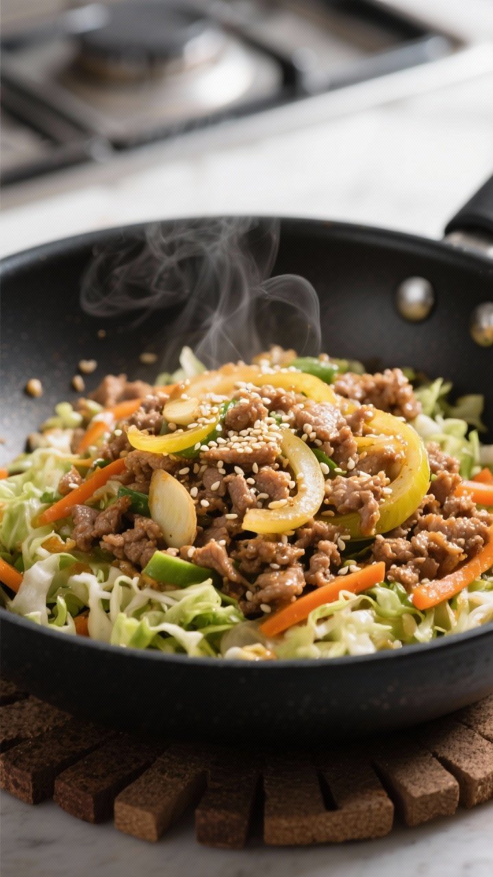 Straight-on wok shot of Egg Roll in a Bowl with Ginger-Sesame Pork: ground pork browned in avocado oil with minced garlic, grated fresh ginger, and thinly sliced yellow onion, tossed with coleslaw mix (shredded cabbage and carrots), sesame seeds sprinkled on top; glossy, savory stir-fry steam rising, black carbon-steel skillet on a stovetop trivet.