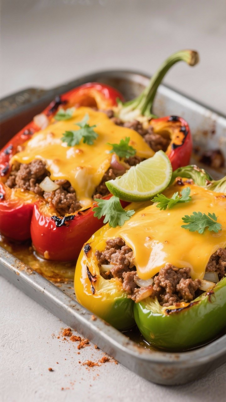 Vibrant straight-on baked presentation: Tex-Mex stuffed peppers in a roasting dish, bell pepper halves packed with seasoned ground beef (onion, garlic, chili powder, cumin, smoked paprika, salt), topped with bubbling pepper jack cheese; charred edges, garnished with cilantro and lime wedges; colorful peppers (red, yellow, green) against a neutral backdrop.