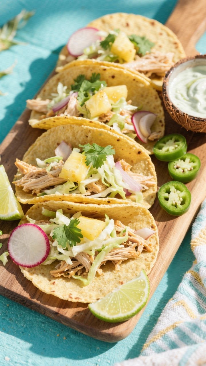 Vibrant taco board overhead: coconut lime shredded chicken made with coconut milk, fresh lime juice and zest, onion, and garlic piled into warm corn tortillas; topped with pineapple slaw (fine-shredded cabbage and pineapple), cilantro, and thin radish slices; lime wedges, jalapeño rounds, and a small bowl of coconut-lime crema on the side; bright, beachy daylight aesthetic.
