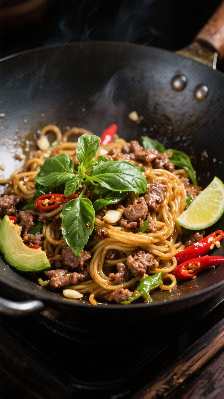 Wok action close-up, 45-degree angle: Thai basil beef tossed with miracle noodles—ground beef sizzling with avocado oil, minced garlic, thin red chilies, tamari and/or fish sauce, and oyster sauce; glossy noodles threaded through, heaps of fresh Thai basil wilted at the end; a lime wedge and extra chilies on the side, high-contrast lighting to emphasize sheen and aromatics.