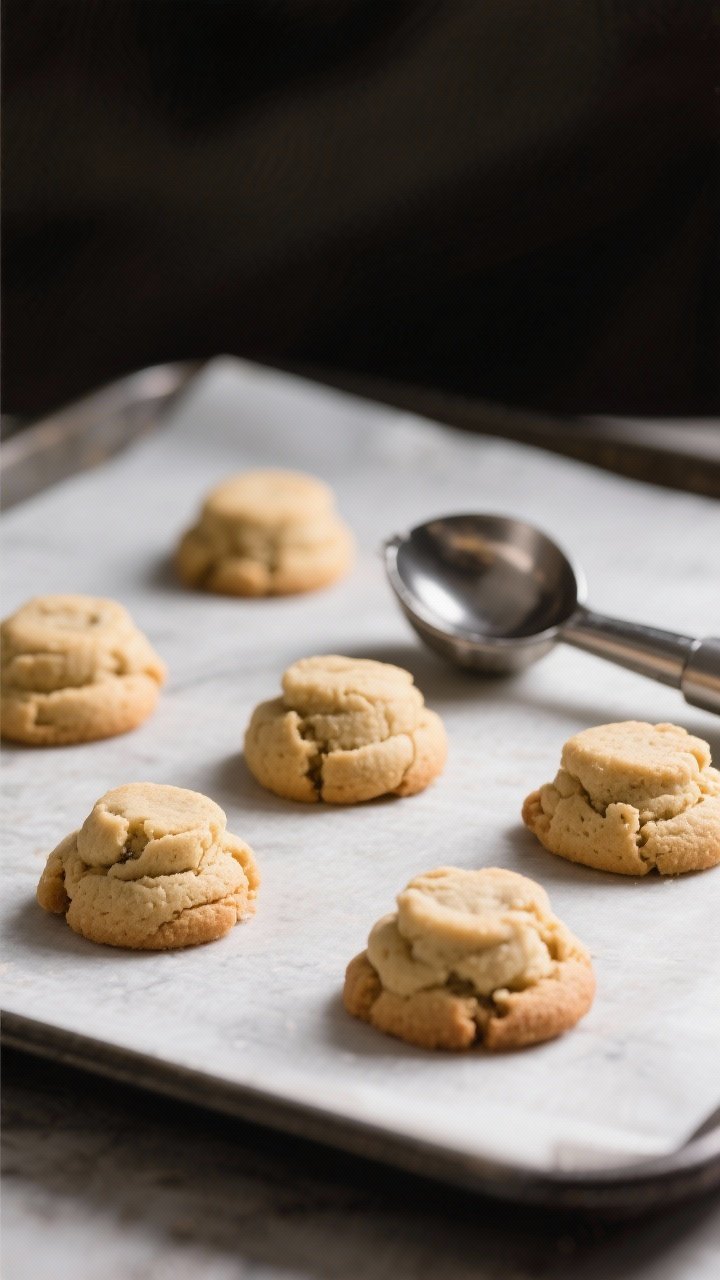 5-tablespoon cookie scoop resting nearby for context; focus on the even shaping that promotes quick 