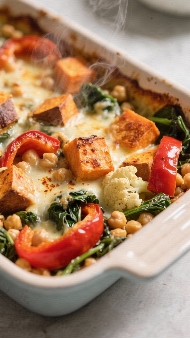 Close-up detail: A bubbling gluten-free veggie bake just out of the oven, showing caramelized edges 