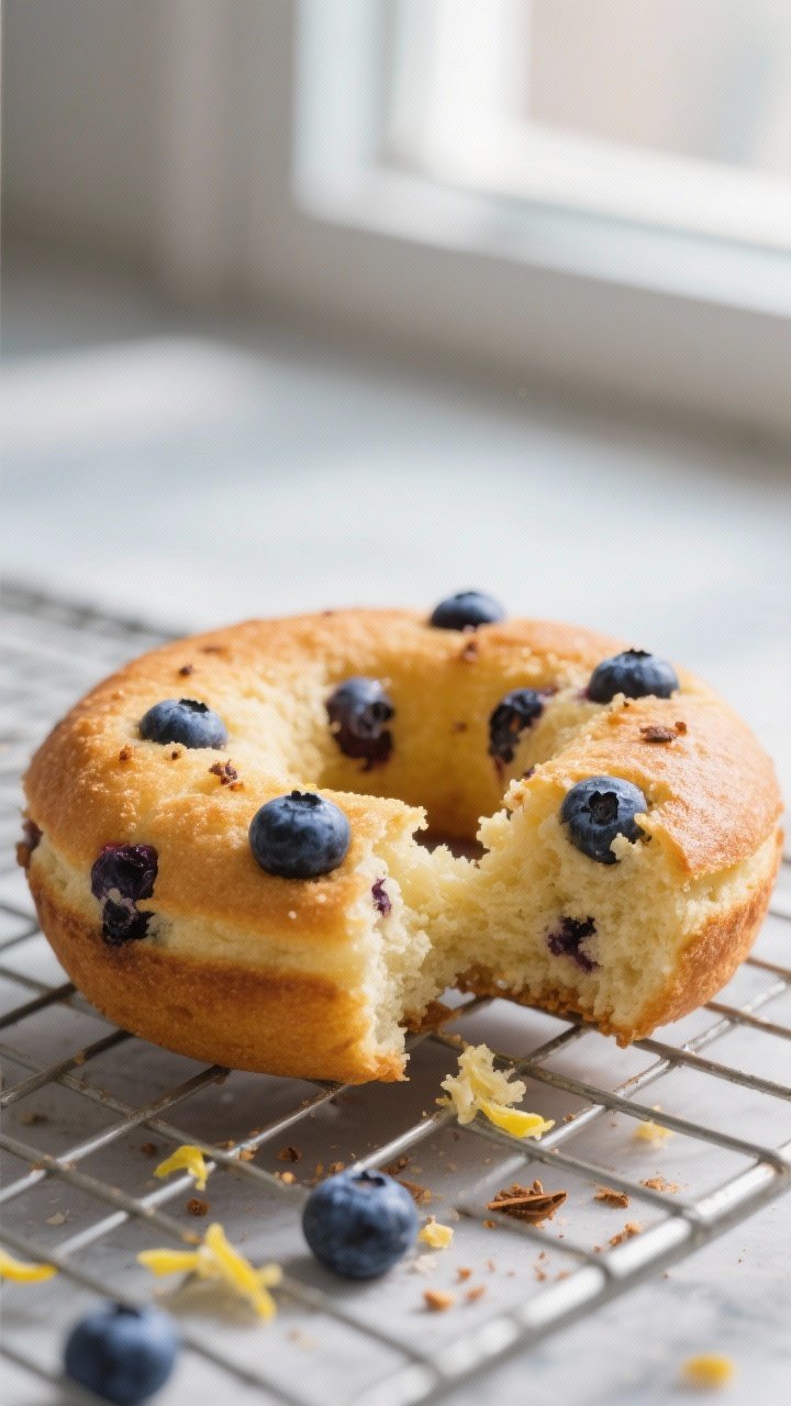 Close-up detail: A freshly baked blueberry cake donut, still warm, torn open to reveal a tender, moi