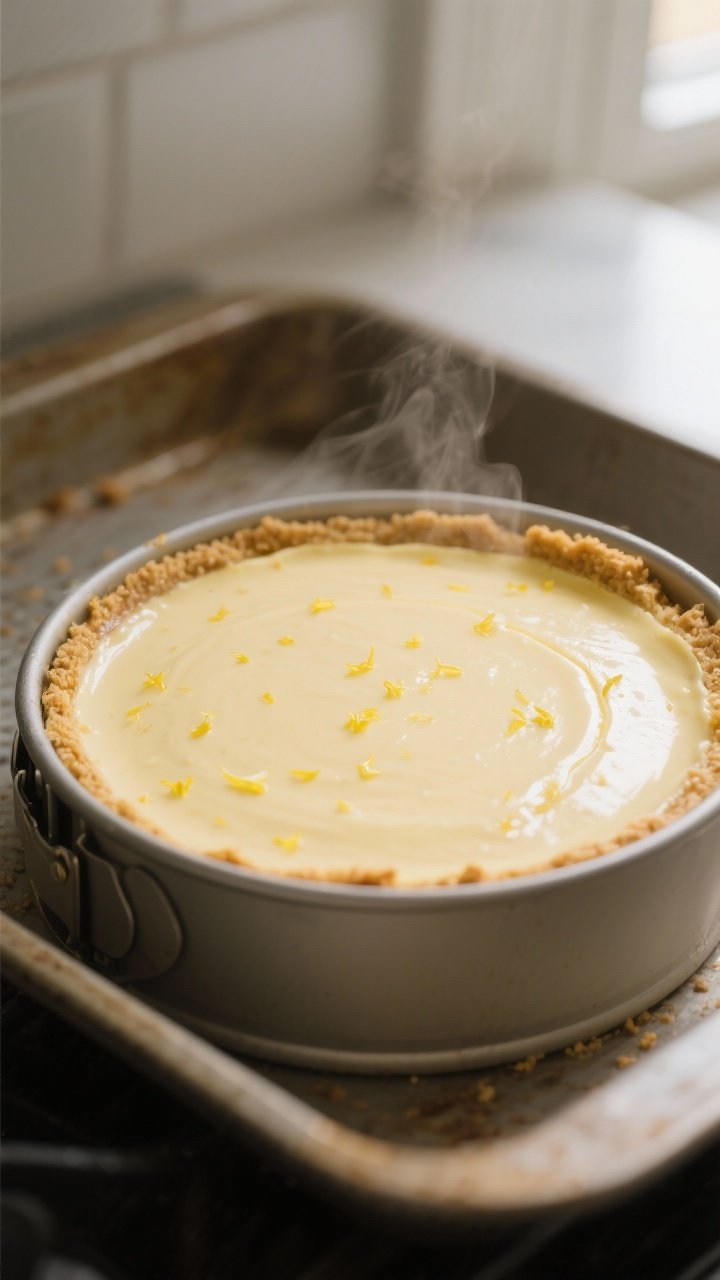 Close-up detail: A freshly baked lemon cheesecake just out of the water bath, edges set with a gentl