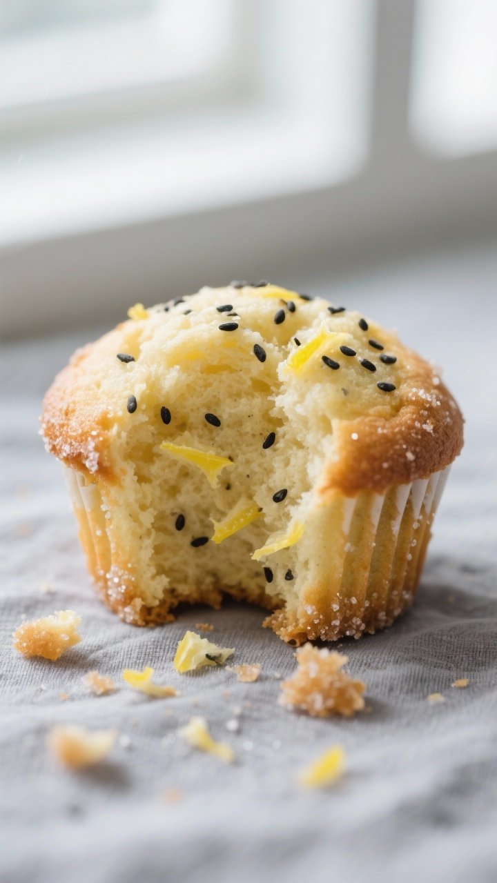 Close-up detail: A freshly baked lemon poppy seed muffin torn open to reveal a tender, moist crumb w