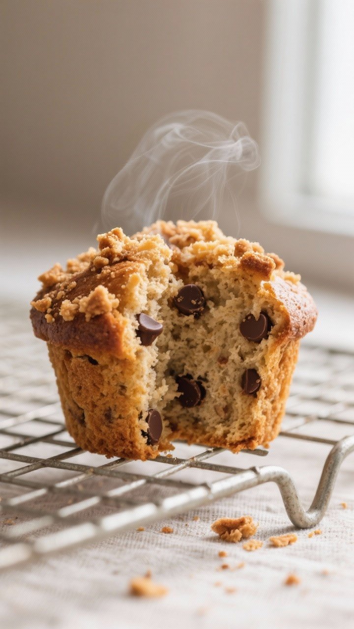 Close-up detail: A freshly baked sourdough discard coffee cake muffin split open on a wire rack, sho