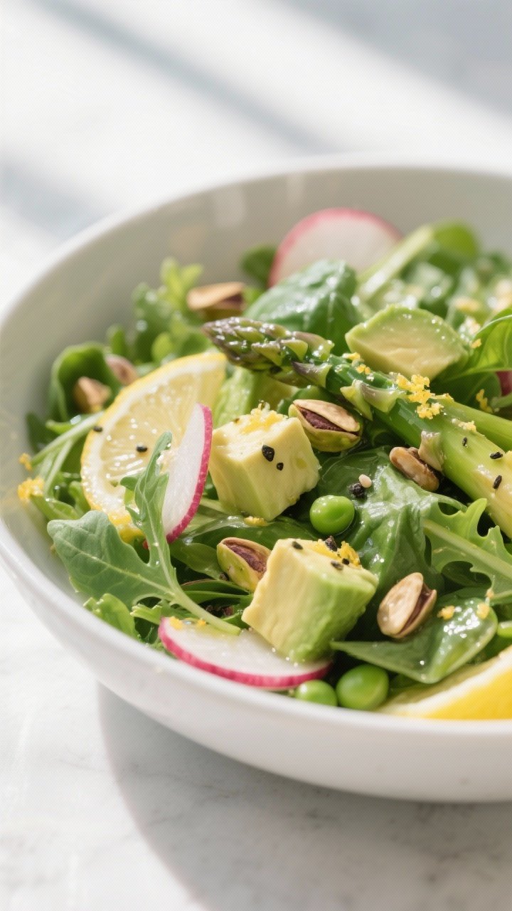 Close-up detail: A freshly tossed spring salad glistening with lemon-olive oil dressing, highlightin