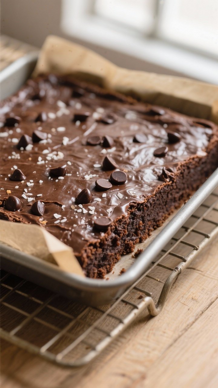 Close-up detail: A glossy, freshly baked slab of healthy chocolate brownies just lifted from an 8x8-
