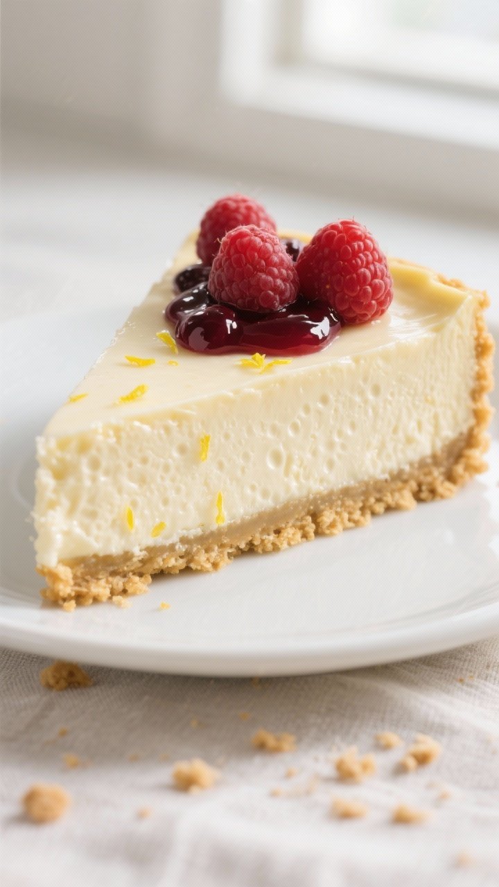 Close-up detail: A glossy slice of no-bake cheesecake just after unmolding, silky cream-cheese filli