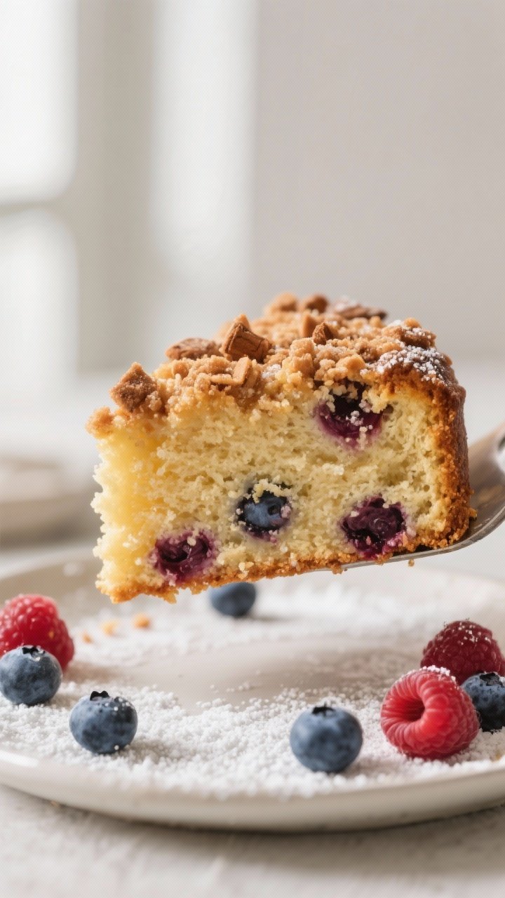 Close-up detail: A golden-baked slice of spring coffee cake just lifted from the pan, showing juicy