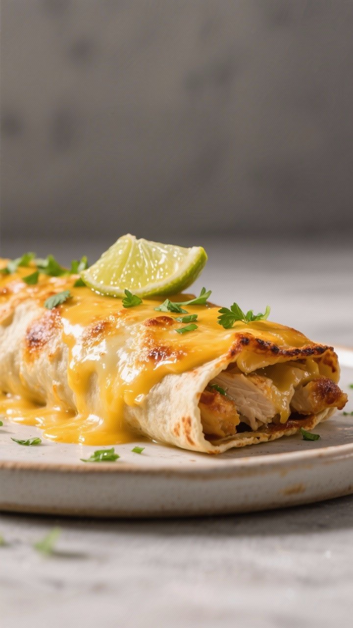Close-up detail: A golden, oven-baked chicken chimichanga just out of the oven, edges blistered and 