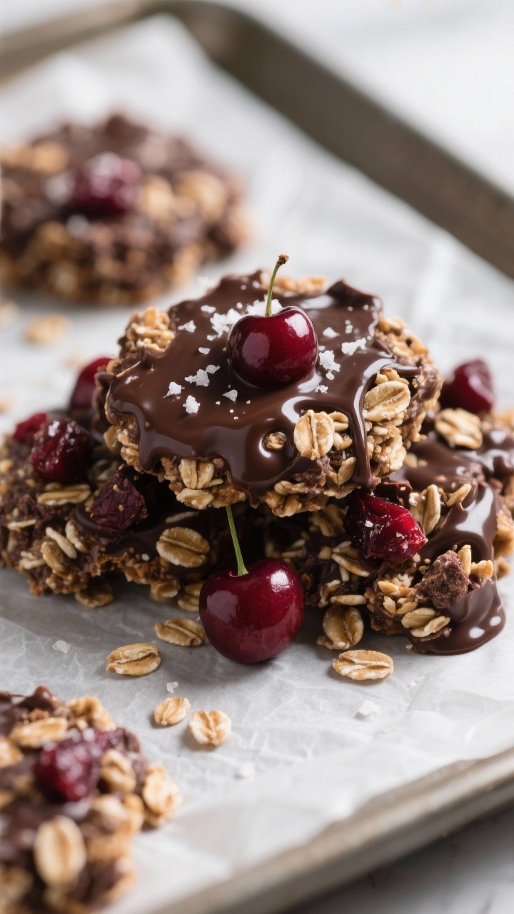 Close-up detail: A heaping cluster of Cherry Chocolate No-Bake Oat Clusters just set from the fridge