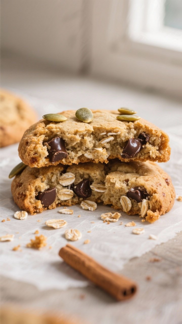Close-up detail: A just-baked almond flour breakfast cookie broken in half to reveal a soft, chewy i