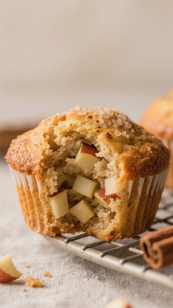 Close-up detail: A just-baked Apple Cinnamon Greek Yogurt muffin torn open to reveal a moist, tender